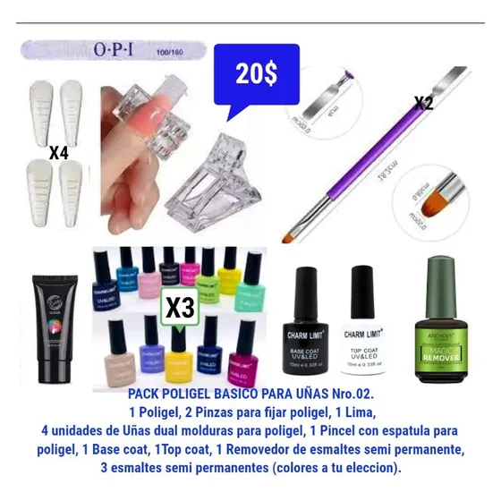 Pack P/uñas:polig,pincel,base,top,pinzas,molds,esmalts,remov