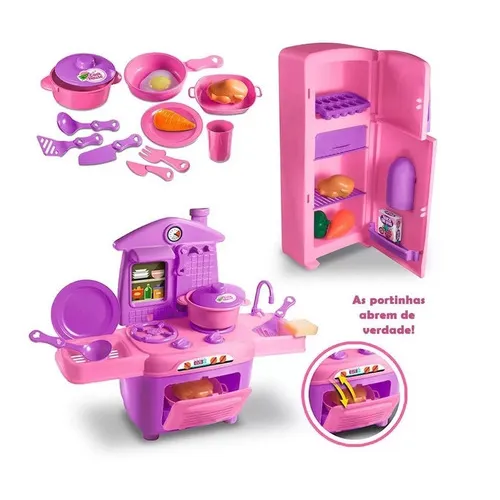 Kit Cozinha Fogão Forno Geladeira Acessorios Garfo Zucatoys Cor Rosa