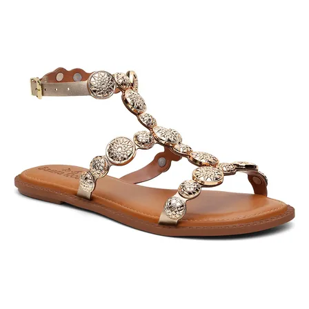 Sandália Rasteira Flat Feminina Tachas Medalha Dourada