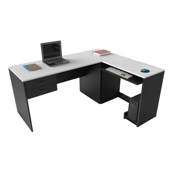 Escritorio para pc Su-Office Fan melamina de 1.63m x 75cm x 60cm x 1.4m blanco y negro