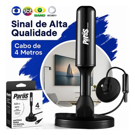 Antena Digital Interna Externa Hdtv Uhf Cabo Com Cabo Longo De 4 Metros Com Base Magnética Parosprotect