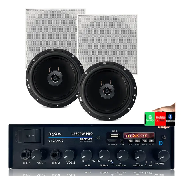 2 Caixa De Som Quadrada Teto Gesso + Receiver Ls600 Le Son