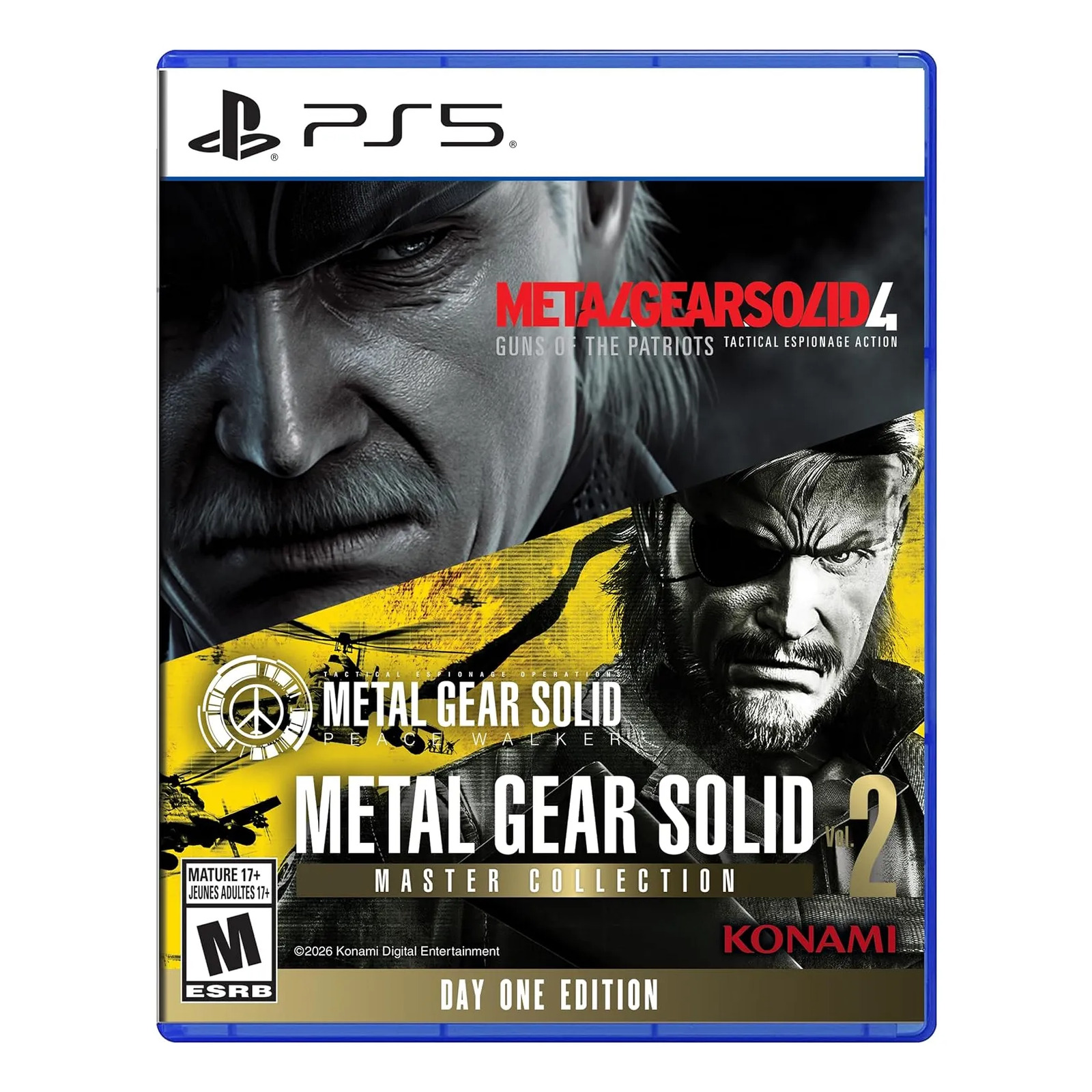 Capa frontal do jogo Metal Gear Solid Master Collection Vol 2 para PS5, exibindo artes de Solid Snake e Big Boss, com selo da edição Day One e classificação indicativa M para Mature 17+.