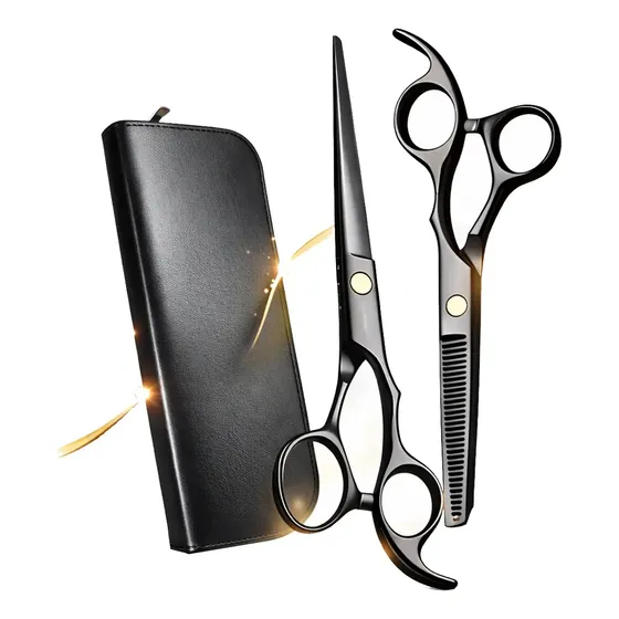 Kit Tijera Profesional Entresacadora + Filo Navaja Barberia Negro