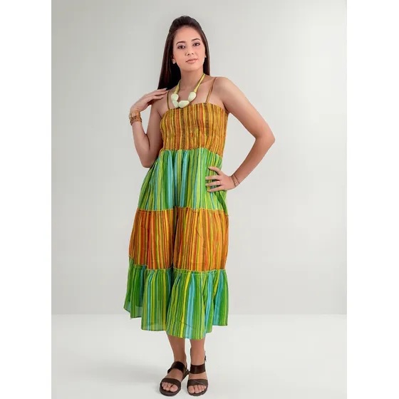 Solero Hindu Algodón Rayado C/breteles & Elastico En Torso