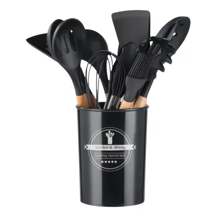 Kit 12 Utensílios De Cozinha Em Silicone E Cabo De Madeira Preto