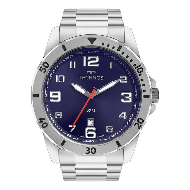 Relógio Masculino Technos Prata Performance Militar Fundo Azul Relógio Masculino Technos Prata Performance Militar Fundo Azul