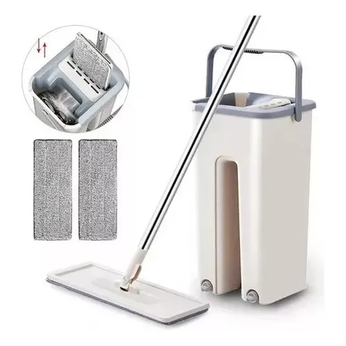 Trapeador Y Cubeta Mop Microfibra Auto Exprimible Plano Color Beige
