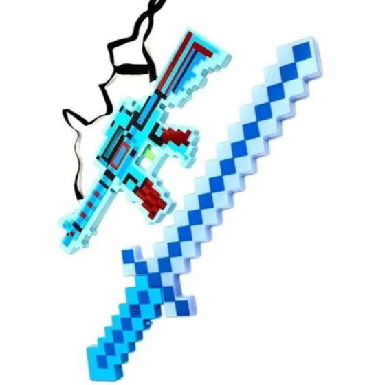 Kit Espada + Arma De Brinquedo Diamante De Blocos Luzes Sons Cor cores enviadas conforme estoque