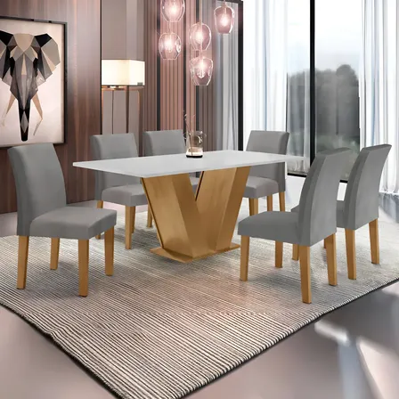 Conjunto Sala De Jantar Mesa 160x80cm Tampo Mdf Com 6 Cinza/bege Liso