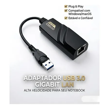 Adaptador De Rede Ethernet Usb 3.0 Para Rj45 Placa De Rede Gigabit 10/100/1000 Mpbs Gbps Para Windows Notebook E Desktop - Contaty