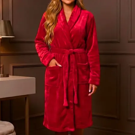 Roupão Adulto Microfibra Plush Macio Com Bolso Cinta Inverno Vermelho P/g