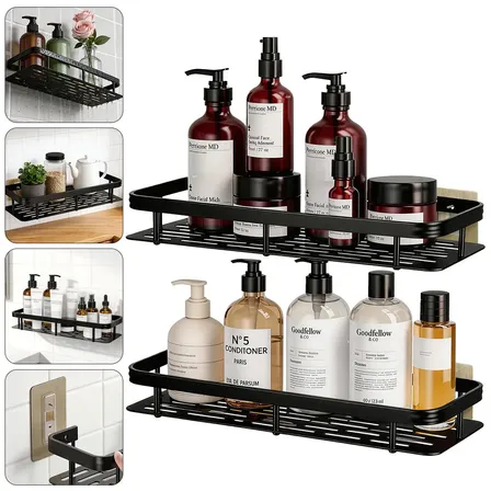 02 Suporte Porta Shampoo Sabonete Prateleira Banheiro Adesivo Parede Sem Furar Box Luxo Cor Preto – KIT COM 2 UNIDADES