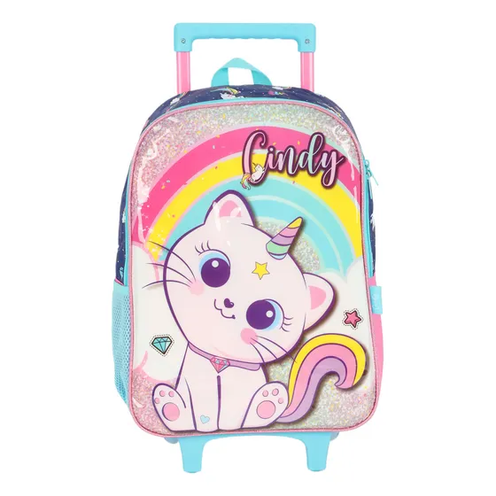 Mochila Rodinha G Escolar Cindy Gatinha Sereia Unicornio Cor Azul Desenho Do Tecido Lisa