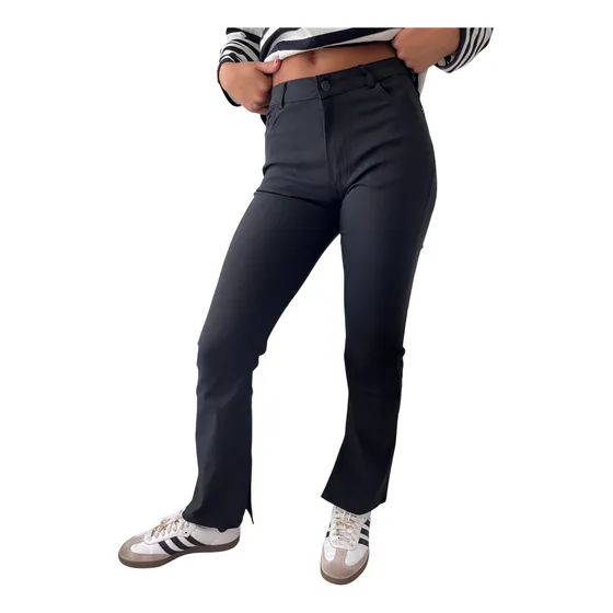 Pantalon Mujer Bengalina Negro Con Tajo Abajo