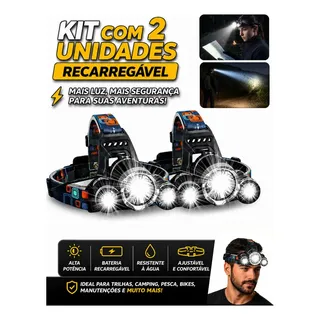 Kit 2 Lanterna De Cabeça Led Recarregável Farol Bike 3 Leds T6 Zoom 300m Alta Potência Pesca Trilha Camping Preto