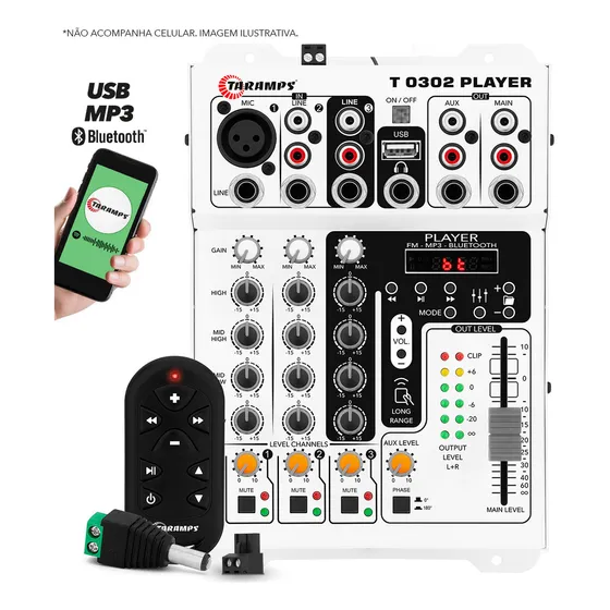 Mesa De Som Player Automotivo 3 Canais Taramps T0302 Player Equalizador Mp3 Usb FM Bluetooth 12V 0302