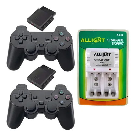 2 Controles Sem Fio Para Ps2 + Carregador Pilha Preto