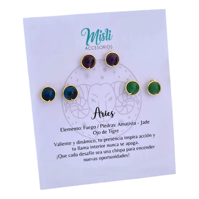 Set Aretes Signos Piedra Natural Zodiaco Topos 3 Pares Misli