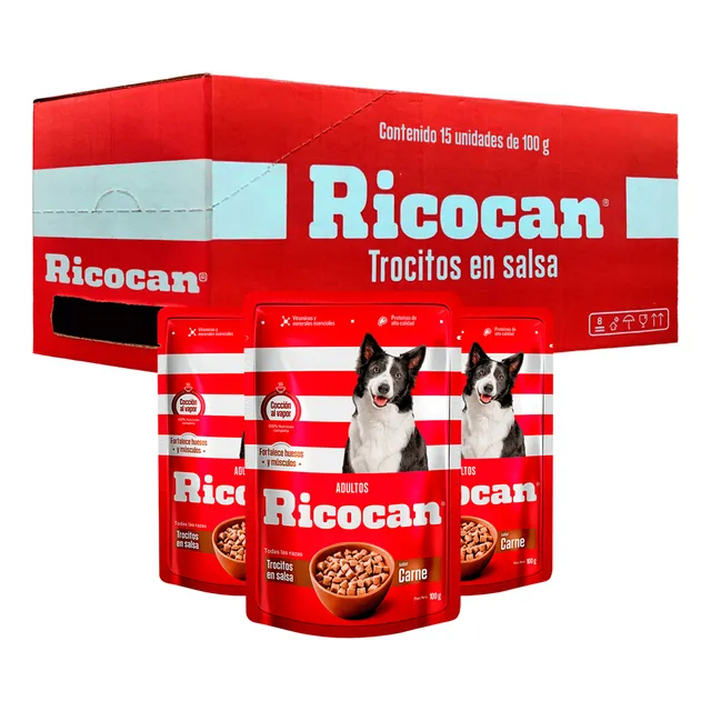 Pack Caja X15 Comida Húmeda Perro Ricocan Carne 100gr