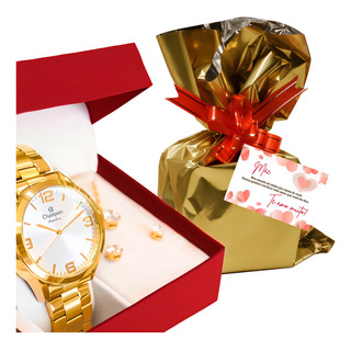 Kit Presente Mães: Relógio Feminino + Embalagem Especial Cor Da Correia Dourado Cor Do Bisel Dourado Cor Do Fundo Branco Kit Presente Mães: Relógio Feminino + Embalagem Especial Cor Da Correia Dourado Cor Do Bisel Dourado Cor Do Fundo Branco