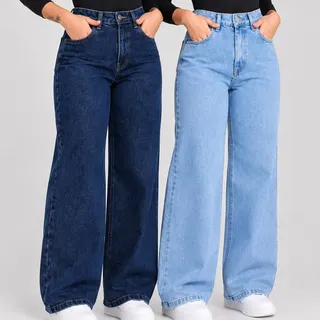 Kit 2 Calças Wide Leg Jeans Feminina Pantalona Cintura Alta Escuro Com Claro Lis