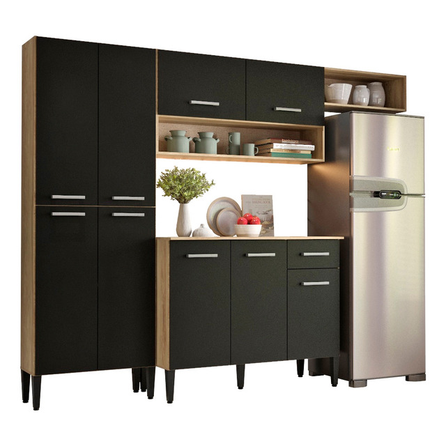Cozinha Compacta Arizona Glam Com Armário E Balcão Carraro Cor Carvalho/preto Cozinha Compacta Arizona Glam Com Armário E Balcão Carraro Cor Carvalho/preto