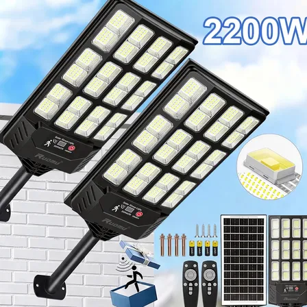 Kit 2 Refletor Solar Led Holofote 2200W Lampada Solar Ip67 Com Sensor Controle 6500k