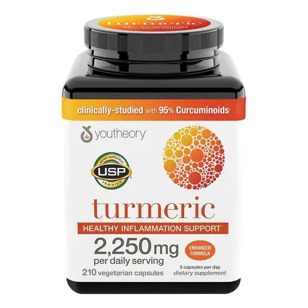 Cúrcuma 2250 mg - Youtheory 210 cápsulas con 95% de curcuminoides, sabor neutro