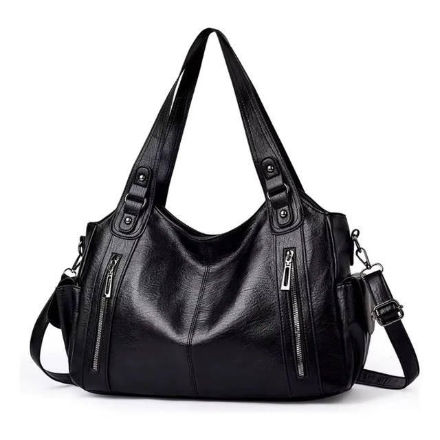 Bolsa feminina grande na cor preta com alças duplas, dois bolsos frontais com zíper e design estruturado para uso versátil.