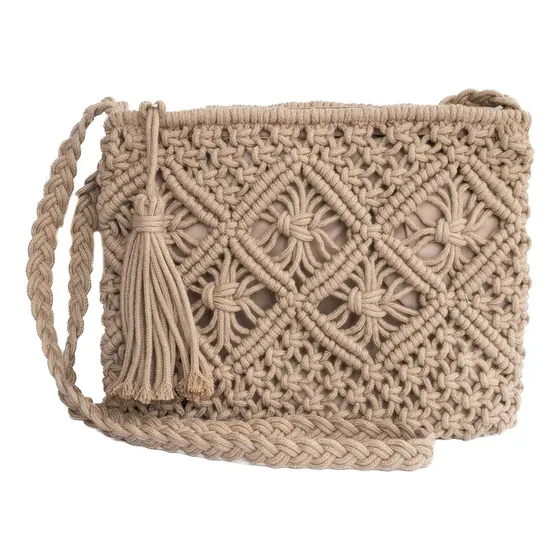 Bolso De Macramé De Algodón | Cremallera Cruzada Con Correa