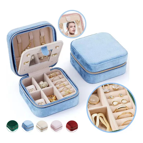 Skyice Joyero De Terciopelo Azul Con Espejo, Mini Joyero, Pequeñas Cajas Organizadoras Portátiles Para Anillos, Aretes, Collares, Pulseras. Organizador De Joyas De Viaje, Caja De Exposición De Joyas.