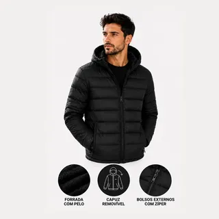 Jaqueta Puffer Aveludada Bomber Masculina Capuz Removível Preto G Lisa