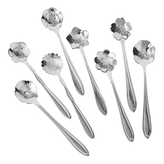 Set X 8 Cucharas Café Postre Diseño Flor Mango 12 Cm Largo
