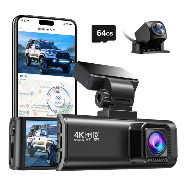 REDTIGER F7N 4K Cámara para Auto, Dual Dash Cam con GPS y WiFi, Cámara Frontal 4K y Cámara Trasera 1080P Grabadora de Conducción de Doble Canal, Pantalla de 3,18", con Tarjeta de 64 GB