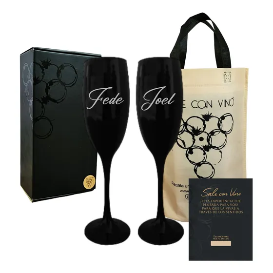 Box Estuche Copas Champagne Negras X2 Grabado Personalizado