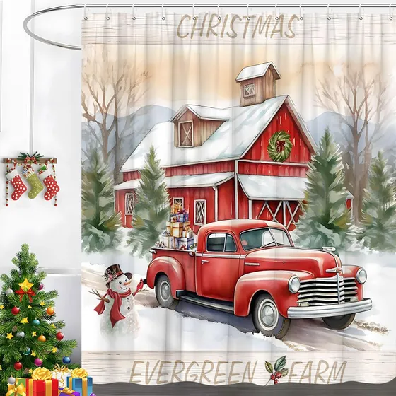 Cortina Ducha Camion Vintage Roja Diseño Arbol Navidad Nieve