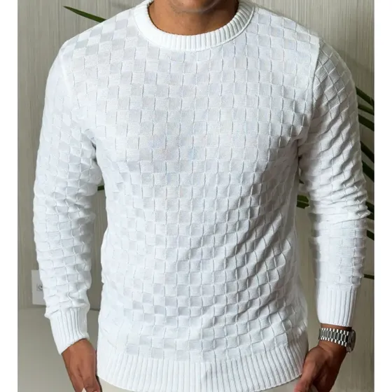 Suéter Masculino Lã Tricot Manga Longa Xadrez Blusa De Frio