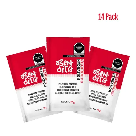 Electrolitos con Colágeno Bendita Sabor Frutos Rojos, Bebida Hidratante en Polvo sin Azúcar, Pack de 14 Porciones