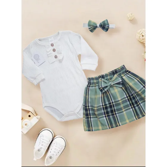 Conjunto De Bebé Body Manga Larga Y Falda Cuadro Ref. Ve25