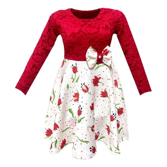 Vestido Infantil De Renda Inverno Manga Longa Com Laço