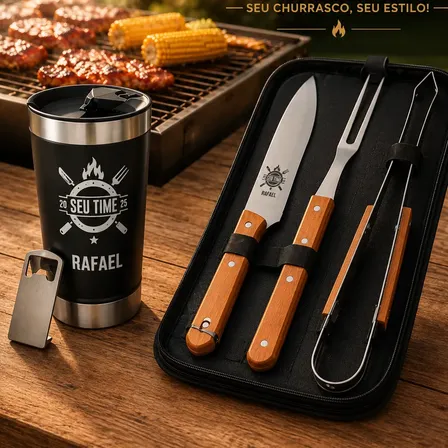 Kit Churrasco Personalizado + Copo Exclusivo Nome + Bolsa
