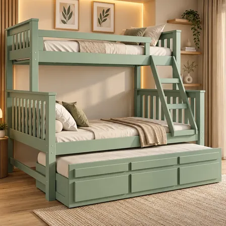 Beliche Casal Solteiro 100% Madeira Com Cama Auxiliar Adulto Verde Calro Treliche Verde Claro