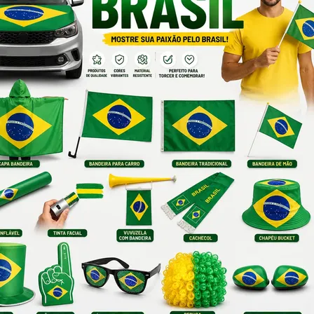 Kit Festa Tema Brasil 16 Pçs Bandeira Óculos Peruca Eleição