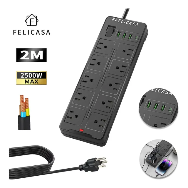F FELICASA 1 Piezas Multicontactos Usb 2500w Cable de Cobre 2 Metros on 10 Salidas+3 Usb+1 Tipo C 10a extensión Eléctrica Color Negro