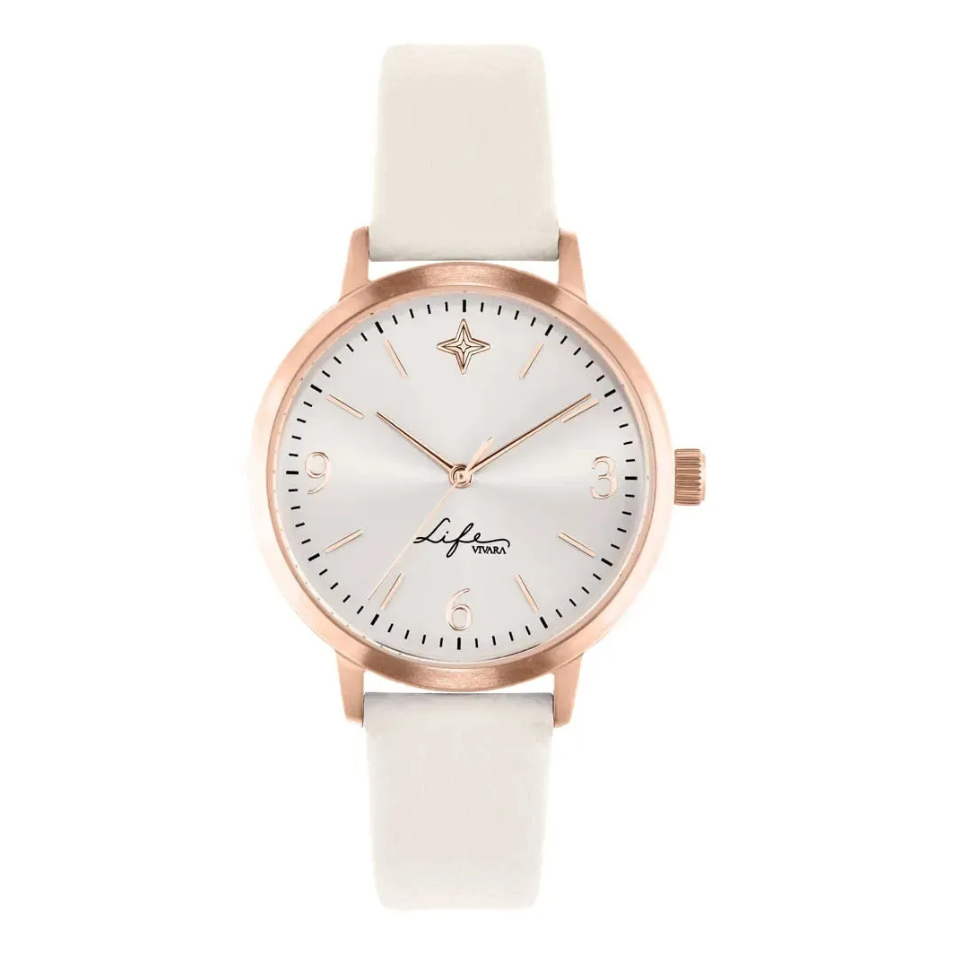 Relógio feminino Life Colors com mostrador analógico, caixa em tom rosê e pulseira de couro na cor off white em fundo branco