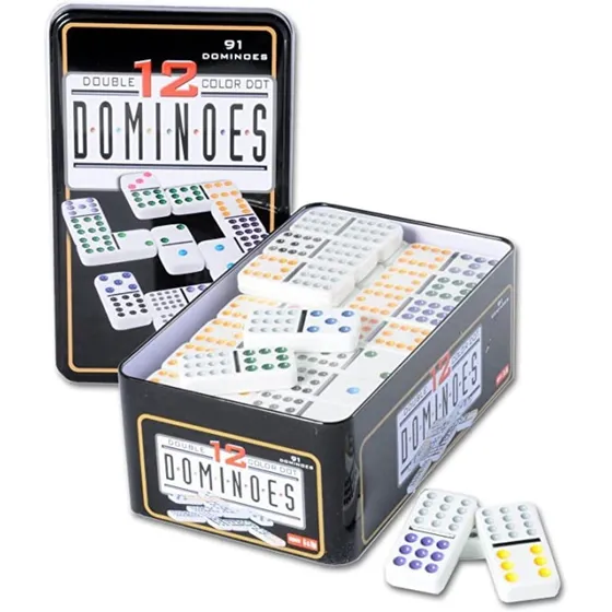 Domino Doble doce 91 pezas 6 a 10 jugadores caja metálica puntos en colores para mayor diferencia