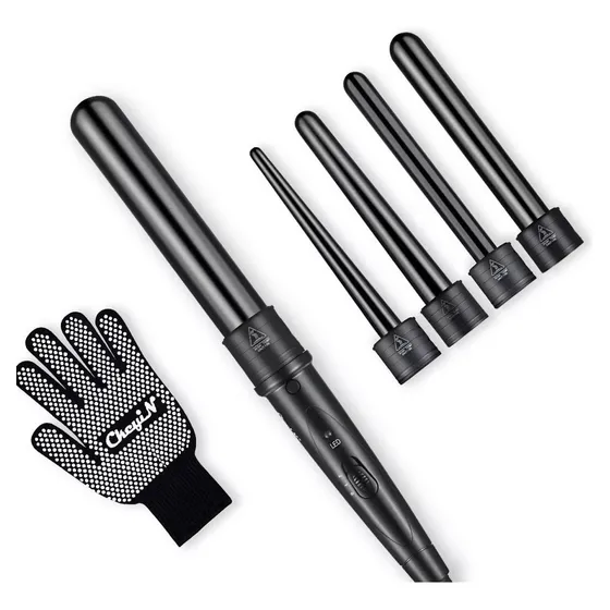 CkeyiN Rizadora de Cabello Rizador de Pelo Ferros Profesionales 5 en 1 Intercambiable Cerámica Temperatura Ajustable con Guantes Color Negro