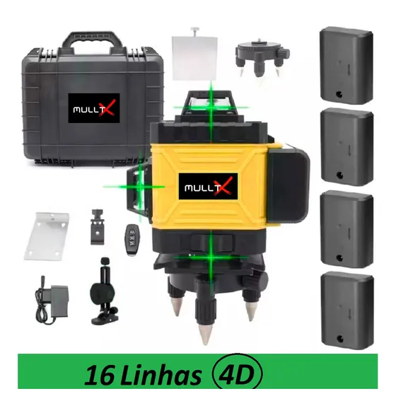 Nível Laser com Maleta 16 Linhas 4d Recarregável com 4 Baterias e Vários Acessórios Controle Remoto Mullt X NV-MX04