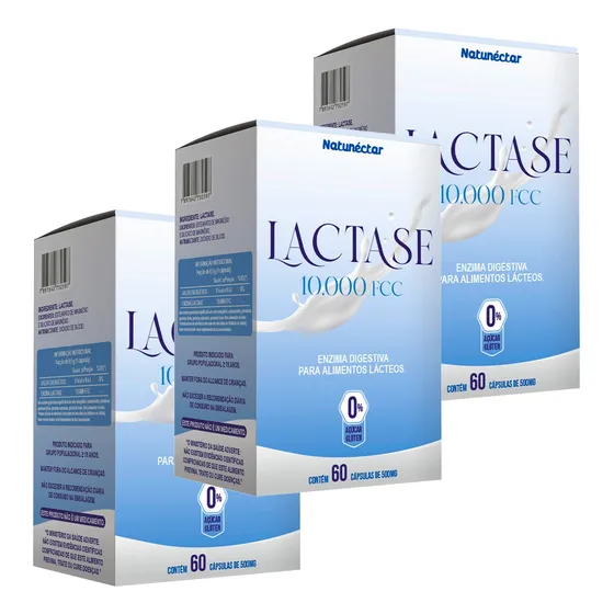 Kit 3 Potes Lactase 10.000fcc Enzima Suplemento -60 Cápsulas